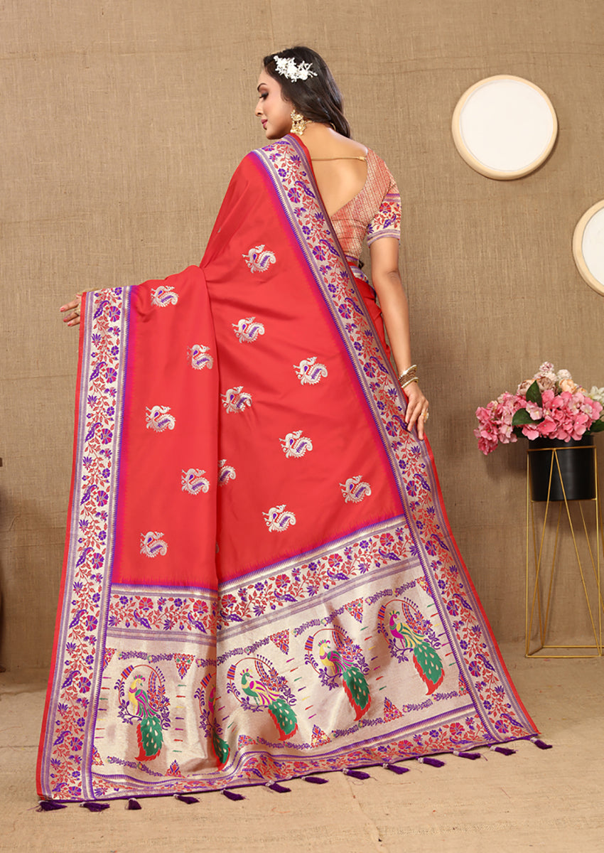 Lorenvalley Fashion Red Soft Paithani Silk Woven Design Rich Meenakari Zari Weaving Pallu Saree - Swadesiicart