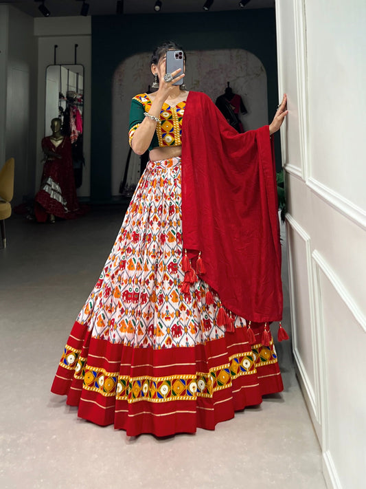 Lorenvalley Red Dola Silk and Cotton with Patola Print With Foil Work And Original Mirror Gamthi Lace Lehenga Choli | Swadesiicart