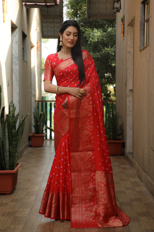 Lorenvalley Premium Pure Handmade Bandhej Kanjivaram silk saree with Zari Weaving Rich Pallu saree - Red - Swadesiicart