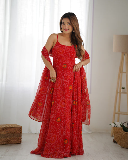 Lorenvalley Fashion Red Soft Chiffon Bandhej Fabric Print Fully Flair Anarkali With Pant Dupatta Set