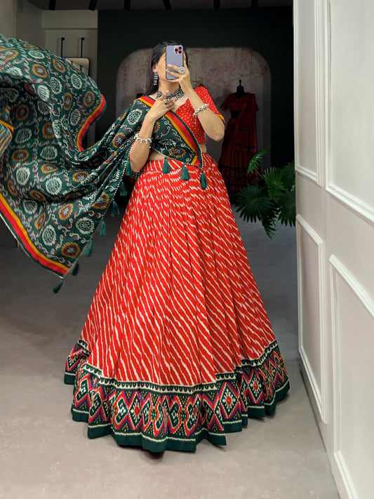 Lorenvalley Red Tussar Silk Lehenga Leheriya Patola Print Border With Choli Bandhej Print With Bandhej Print Gotta Patti Lace Border Dupatta | Swadesiicart