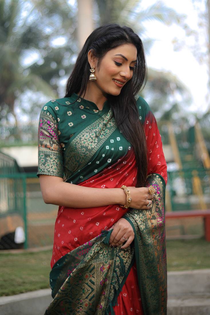 Anaita Red Woven Design Pure Bandhej Kanjivaram Soft Silk Saree