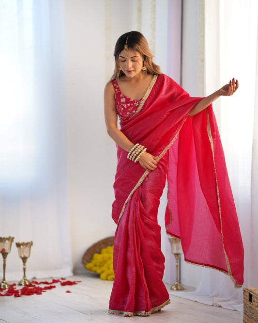Lorenvalley Ready to wear Crush Tissue Silk Fabric Fancy Boarder Premium Lace Work Predrapped Swadesiicart - Red