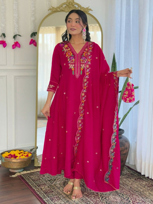The52 Rani Women's Beautiful Embroidered Work Vichitra Silk Fabric Straight Kurta Pant and Dupatta Set - Swadesiicart