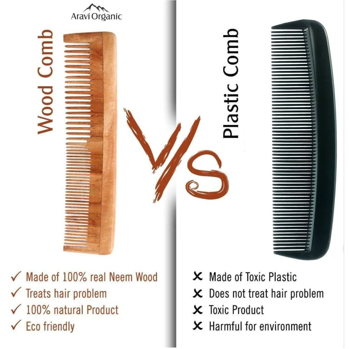 Aravi Organic Neem Wood Comb Fine and Wide Tooth - Swadesiicart