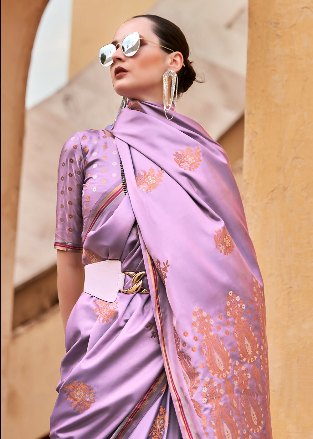 Lilac Purple Pure Satin Zari Weaving Wedding Festive Saree - Emponline | Swadesiicart