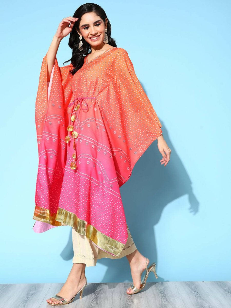 Ahalyaa Women's Orange Cotton Blend Printed Kaftan Kurta | Swadesiicart