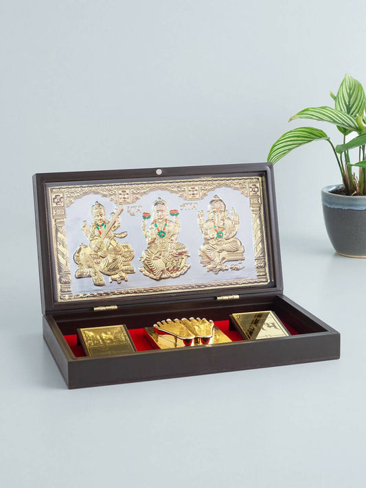 Golden Peacock 24 KT Gold-Polished Laxmi, Ganesha, Saraswati Pooja Box | Swadesiicart