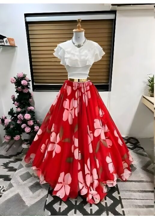 Dishitha Creation Floral Printed Stitched Lehenga & Crop Top - White & Red | Swadesiicart