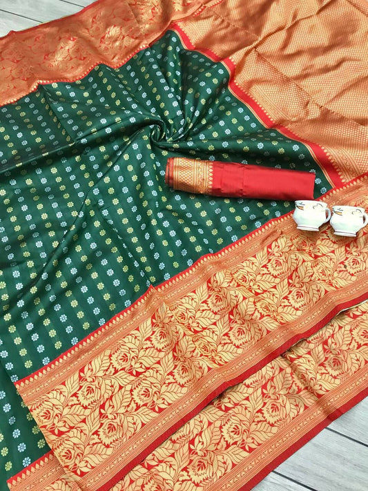 DEIANA'S Beautiful Designer Golden zari Soft Lichi Silk Saree - Green - Swadesiicart