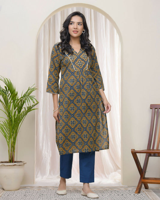 Vaasva Blue Ajrakh Cotton Printed Gathered Kurti With Pant | Swadesiicart