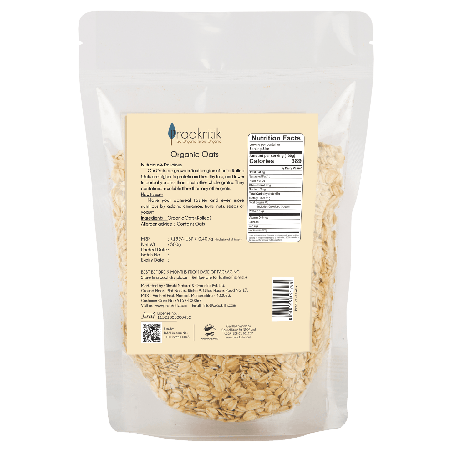 Praakritik Organic Rolled Oats - Swadesiicart