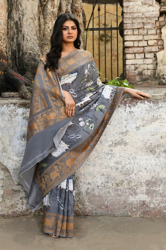 Joban Fashion Silver Grey Pure Crepe Pure Handloom Banarasi Silk Saree | Swadesiicart