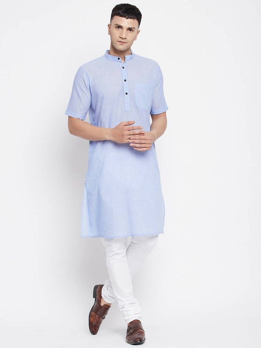 Even Apparels Blue Pure Cotton Men's H/S Kurta With Band Collar | Swadesiicart