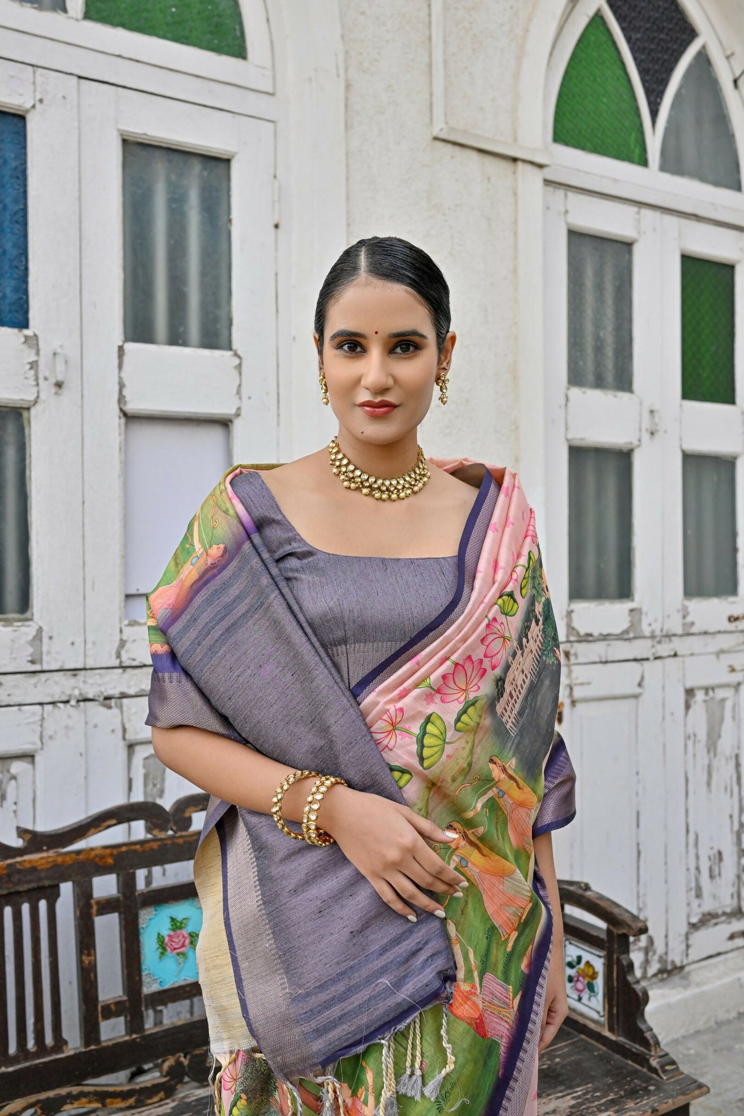 Vishnu Weaves Women's Purple Soft Tussar Silk Saree with Blouse - Swadesiicart