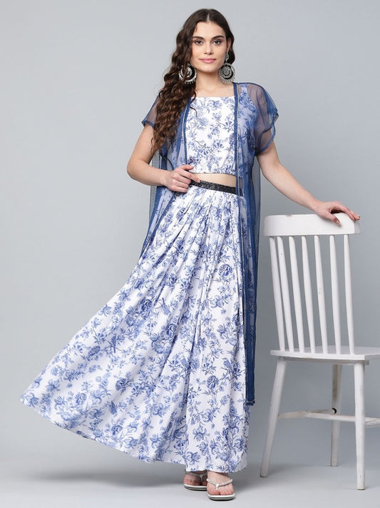 Ahalyaa Women Blue Crepe Printed Top with Skirt with Net Overlay | Swadesiicart