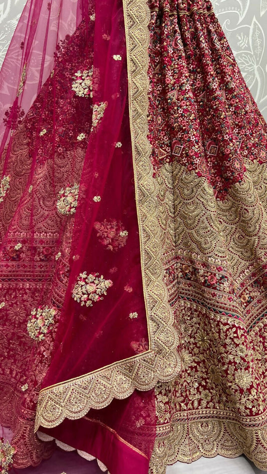 Jyoti Fashion Women's Rani Pink Velvet Fancy Dori & Sequins Multi Thread Embroidered with Diamond Work Wedding Lehenga Choli | Swadesiicart