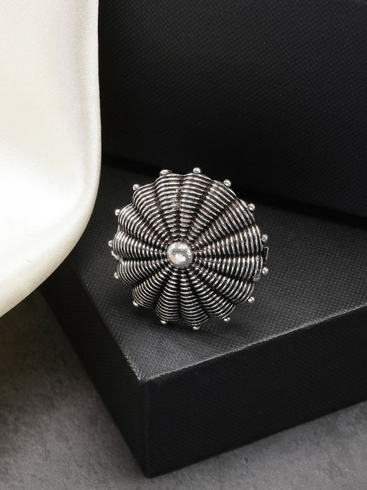 NVR Women's Silver-Toned Floral Shape Adjustable Finger Ring | Swadesiicart