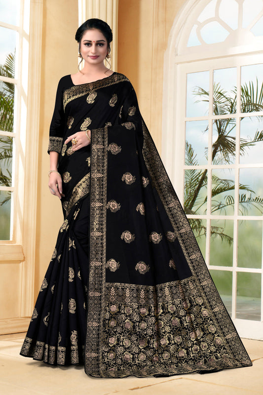 Vedant Vastram Litchi Silk Designer Banarasi Saree - Black | Swadesiicart