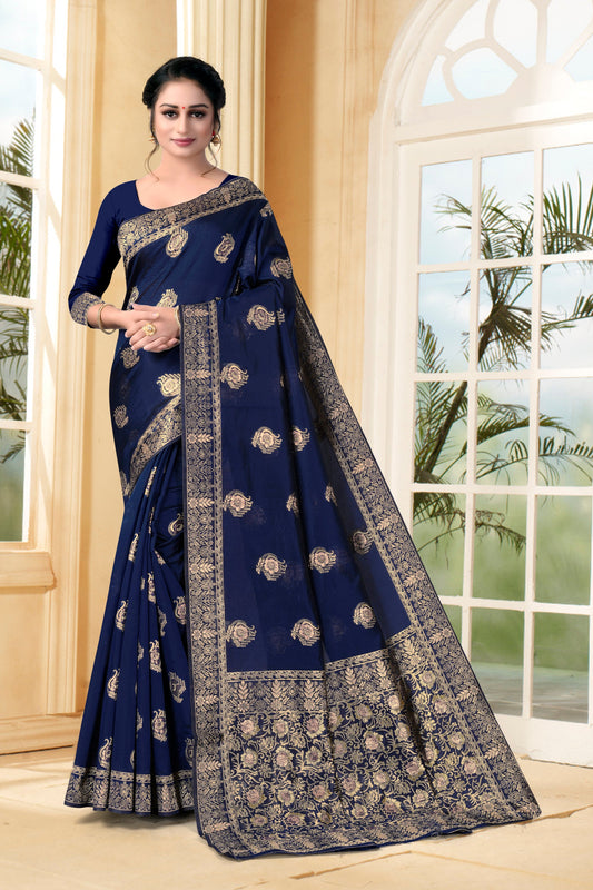 Vedant Vastram Litchi Silk Designer Banarasi Saree - Navy Blue | Swadesiicart