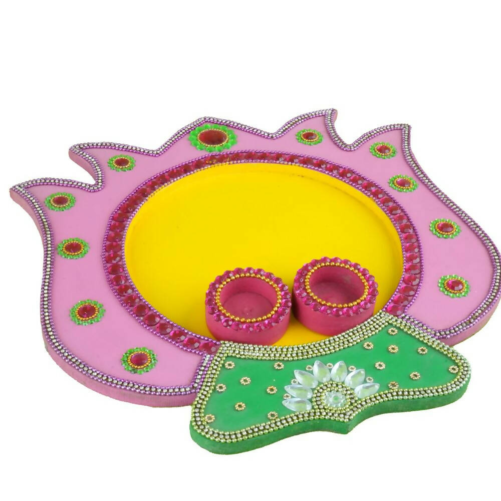 Kundan HandiKrafts Mdf Lotus Pooja Thalis - Baby Pink | Swadesiicart