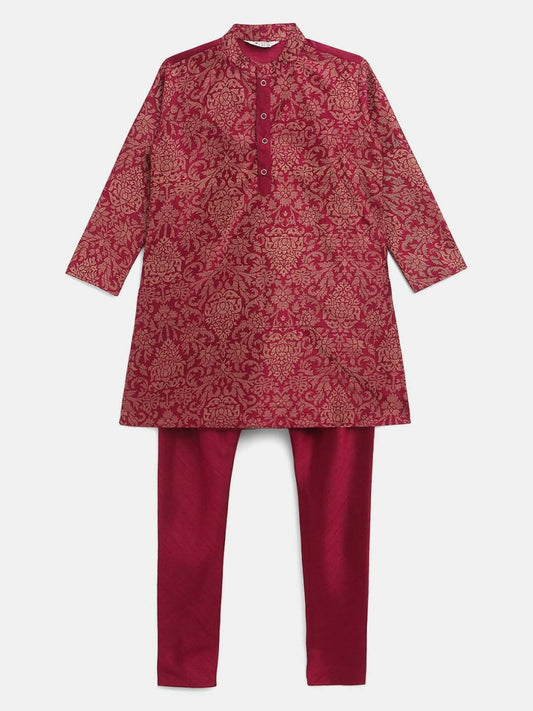 Ahalyaa Purple Poly Silk Gold Print Kids Kurta Churidar Set For Boys | Swadesiicart