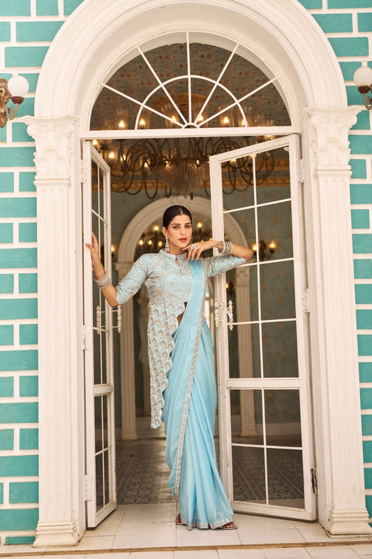 Teeya Creation Sky Color Chinnon Silk Embroidery Work Ready To Wear Saree With Stitched blouse | Swadesiicart