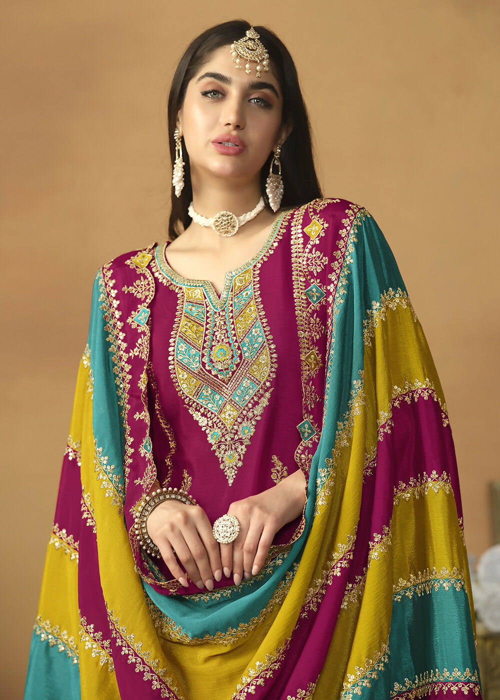 Chinnon Silk Pink Salwar Suit with Multicolor Dupatta - Emponline | Swadesiicart