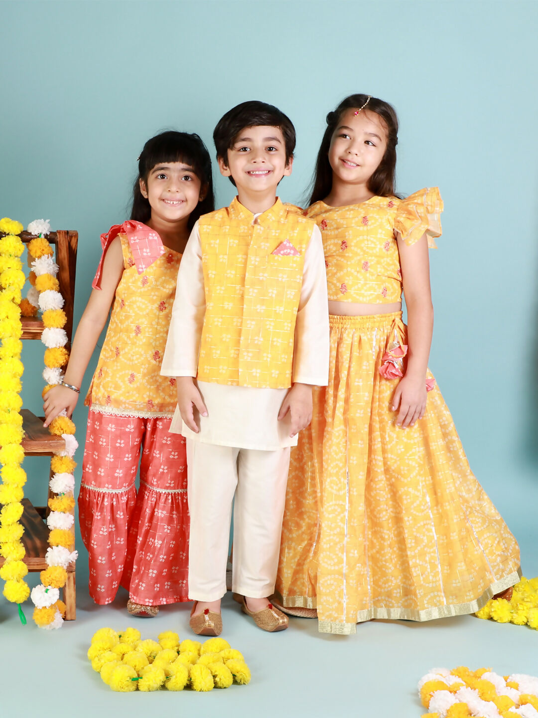 Lil Drama Boys Kurta Pyjama with jacket set - White | Swadesiicart