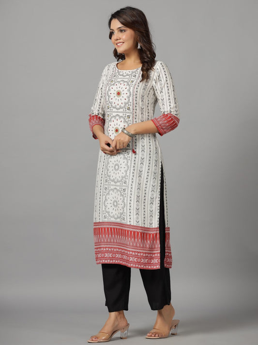 Juniper Women's White Ethnic Motif Printed Rayon Slub Kurta With Beads & Sequins - Swadesiicart