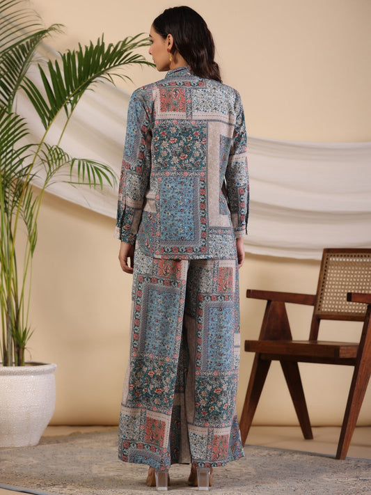 Juniper The Ornamental Blooms Women Silk Floral Printed Blue Shirt With Pants Co-Ord Set - Swadesiicart