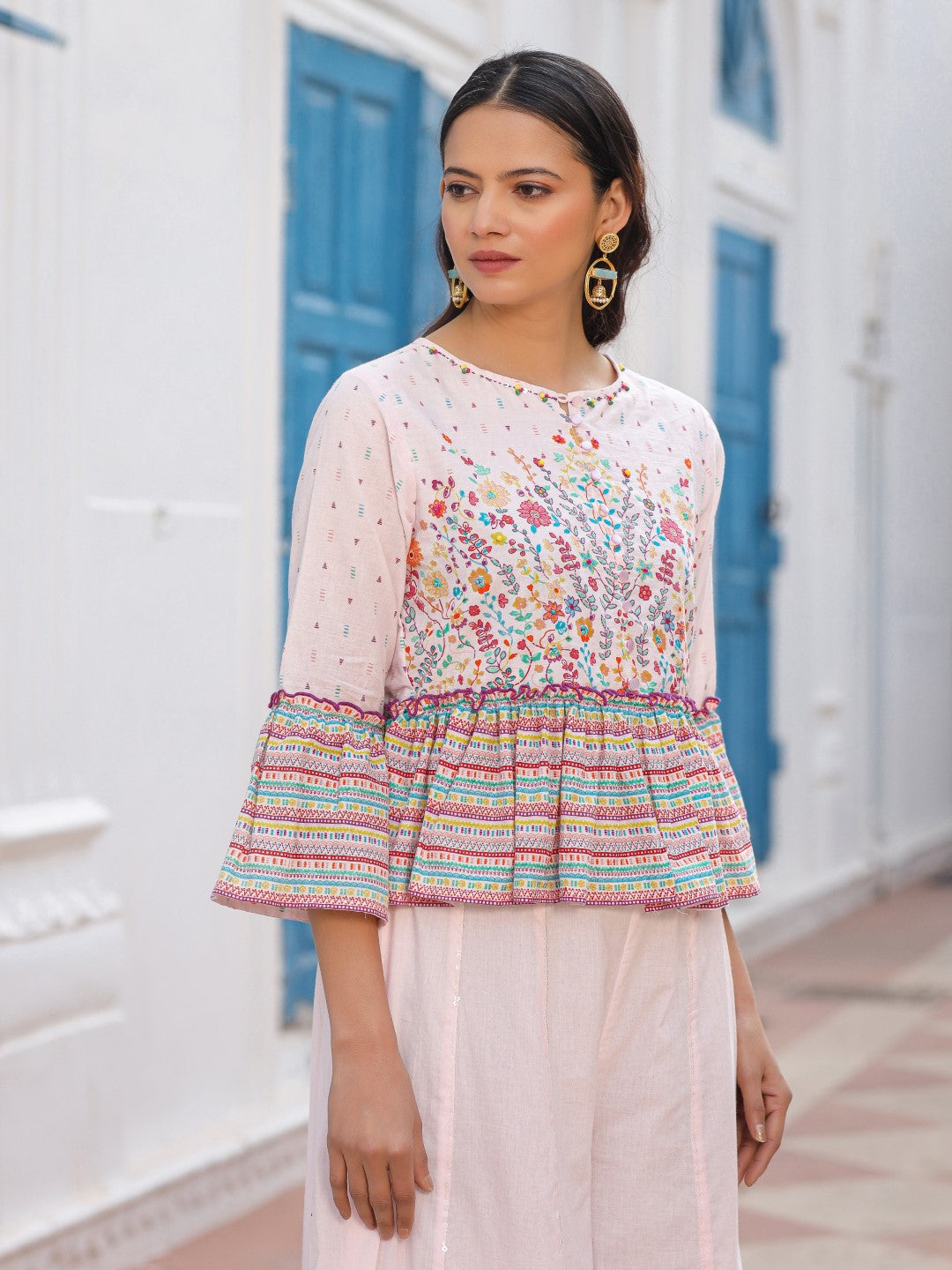 Juniper Pink Floral Printed Peplum Co-Ord Set With Kantha Work & Beads - Swadesiicart