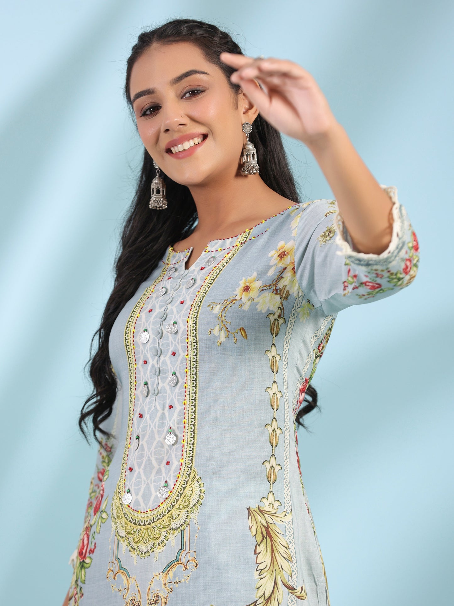 Juniper Grey Rayon Floral Printed Round Neck Kurta With Beadwork - Swadesiicart