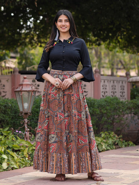 Juniper Women's Solid Liva Rayon Black Shirt With Multi Color Skirt Co-Ord Set - Swadesiicart