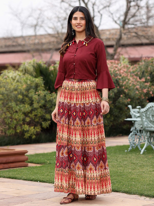 Juniper Women's Solid Liva Rayon Rust Shirt With Multi Color Skirt Co-Ord Set - Swadesiicart