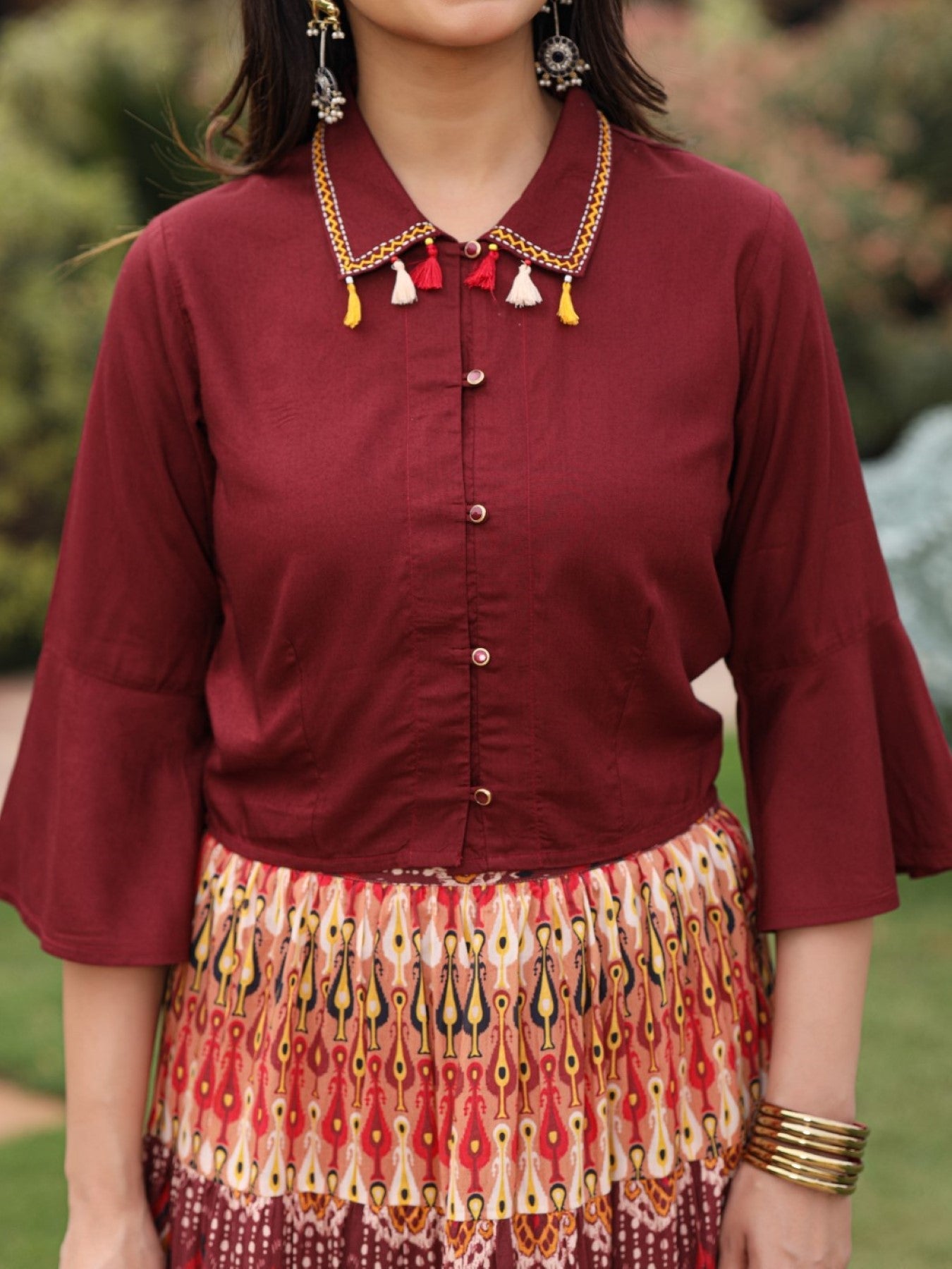 Juniper Women's Solid Liva Rayon Rust Shirt With Multi Color Skirt Co-Ord Set - Swadesiicart