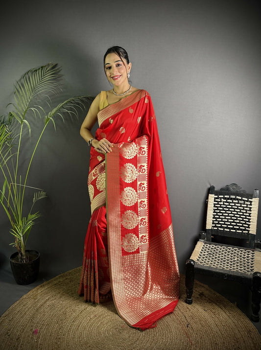 Joban Fashion Red Banarasi Soft Lichi Silk Paisley Saree | Swadesiicart