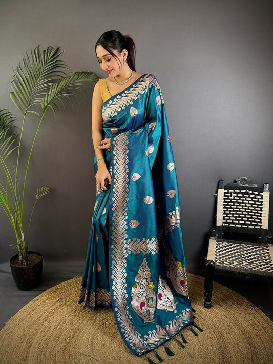 Joban Fashion Banarasi Sea Blue Woven Soft Silk Saree | Swadesiicart