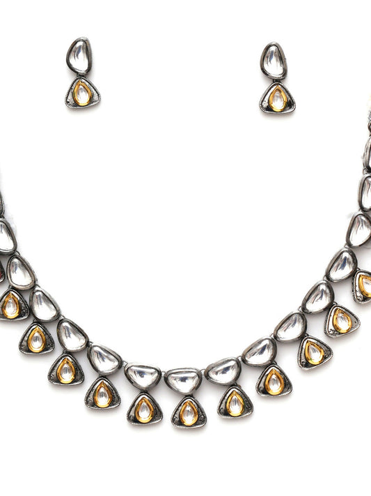 Dual Tone Kundan Neckpiece with Earrings Jewellery Set (silver) - Ruby Raang - Swadesiicart