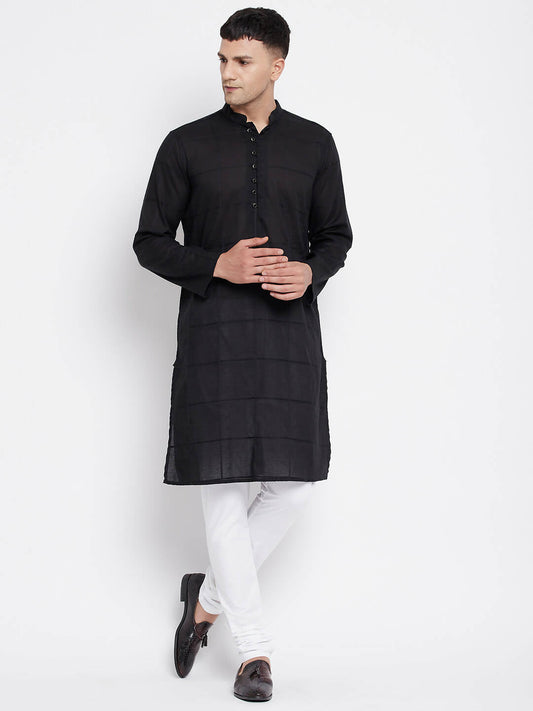 Even Apparels Pure Cotton Men's Kurta in Black Color With Band Collar | Swadesiicart