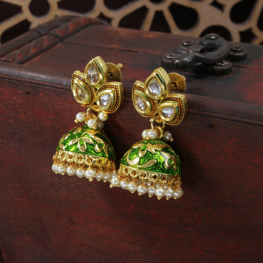 Gold-Polished Meena Work Pearl Studded Jhumki Earring For Women - Wahe Jewels - Swadesiicart