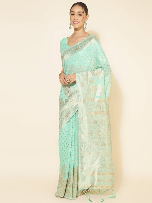 Janasya Sea Green Chanderi Silk Polka Design Woven Design Saree | Swadesiicart