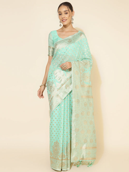 Janasya Sea Green Chanderi Silk Polka Design Woven Design Saree | Swadesiicart