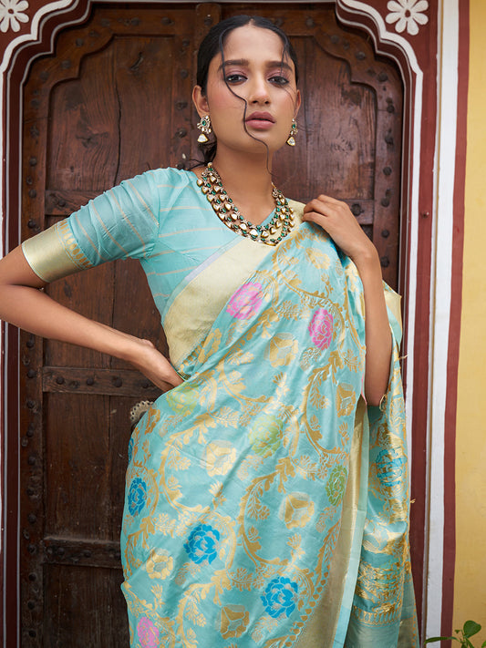 Janasya Sea Green Banarasi Silk Woven Floral Design Banarasi Saree | Swadesiicart