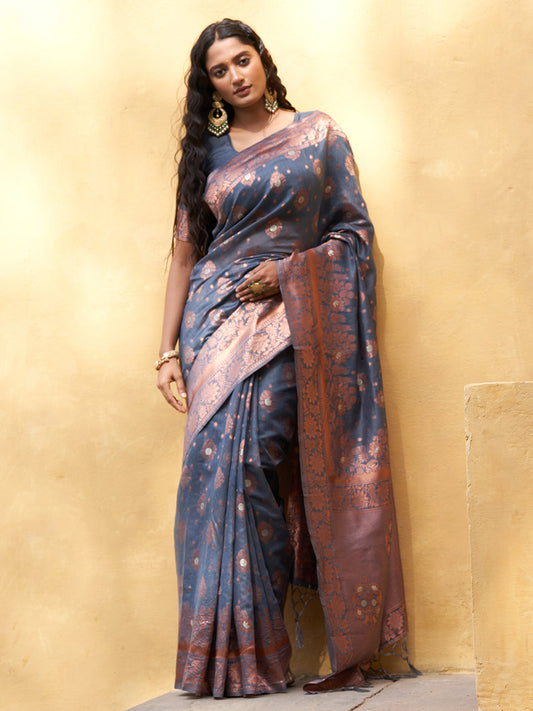 Janasya Dark Grey Chanderi Silk Ethnic Motifs Woven Design Saree | Swadesiicart