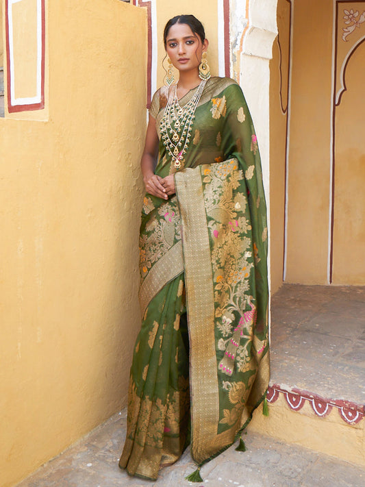 Janasya Mehendi Green Organza Woven Ethnic Kanjeevaram Saree | Swadesiicart