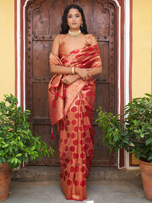 Janasya Red Organza Woven Ethnic Motifs Kanjeevaram Saree | Swadesiicart