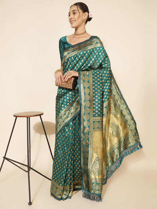 Janasya Peacock Green Silk Woven Ethnic Motifs Banarasi Silk Saree | Swadesiicart
