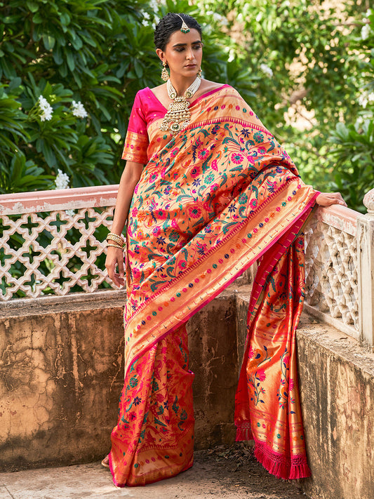 Janasya Pink Paithani Silk Woven Bagh Design Paithani Silk Saree | Swadesiicart