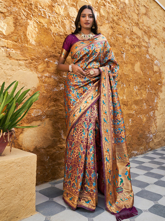 Janasya Wine Paithani Silk Woven Bagh Design Paithani Silk Saree | Swadesiicart